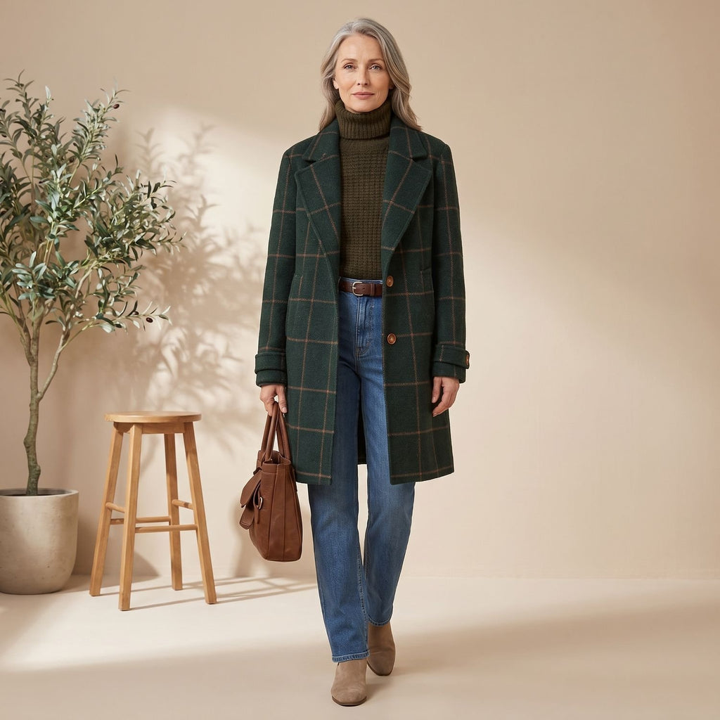 Women's Plaid Wool-Blend Tailored Lapel Check Coat - Forest Green