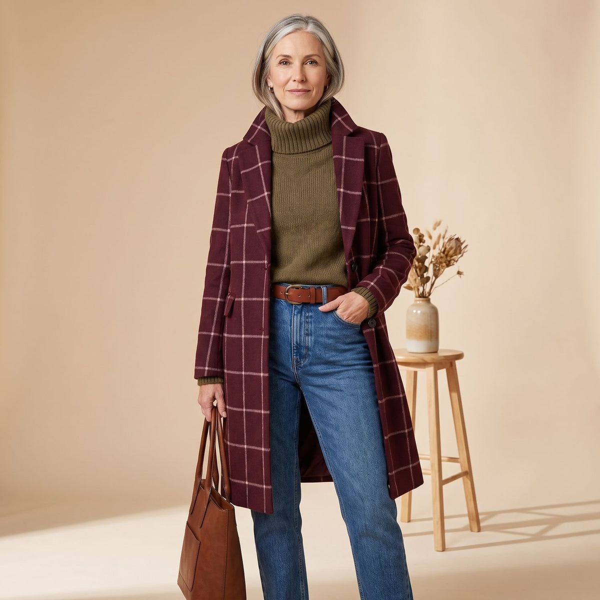 Women's Plaid Wool-Blend Tailored Lapel Check Coat
