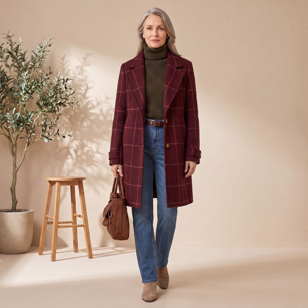 Women's Plaid Wool-Blend Tailored Lapel Check Coat