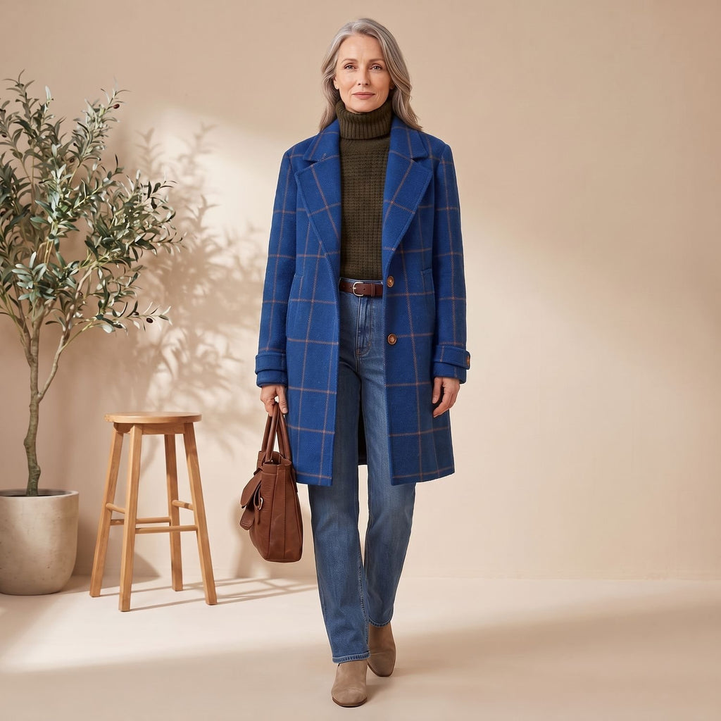 Women's Plaid Wool-Blend Tailored Lapel Check Coat - Royal Blue