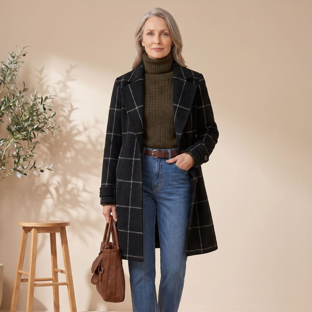 Women's Plaid Wool-Blend Tailored Lapel Check Coat