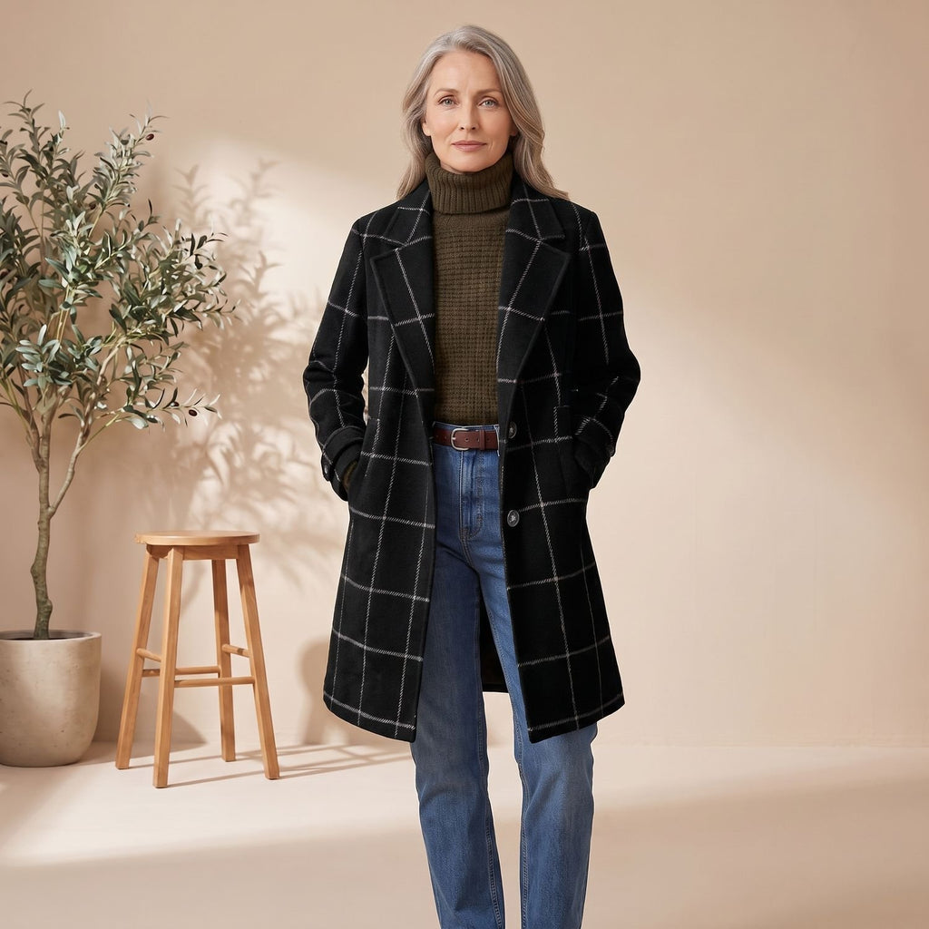Women's Plaid Wool-Blend Tailored Lapel Check Coat - Black
