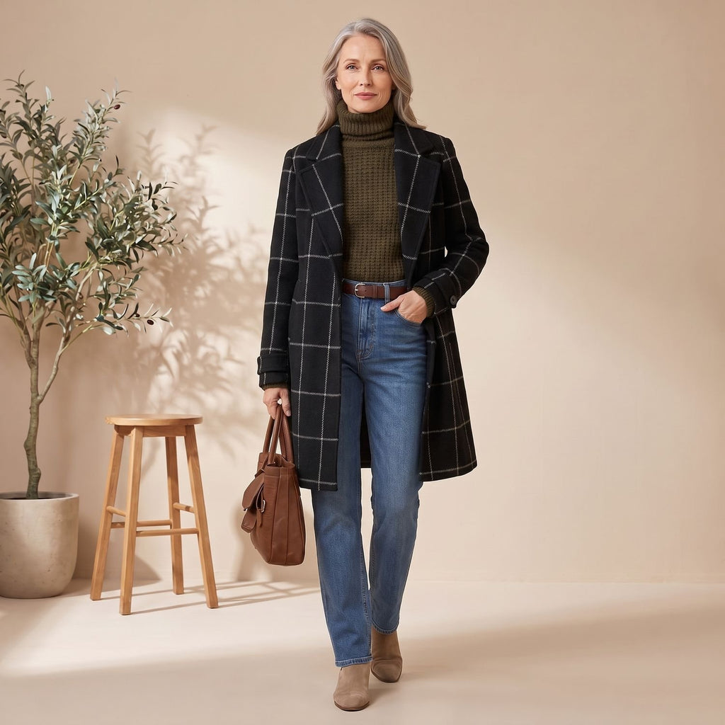 Women's Plaid Wool-Blend Tailored Lapel Check Coat