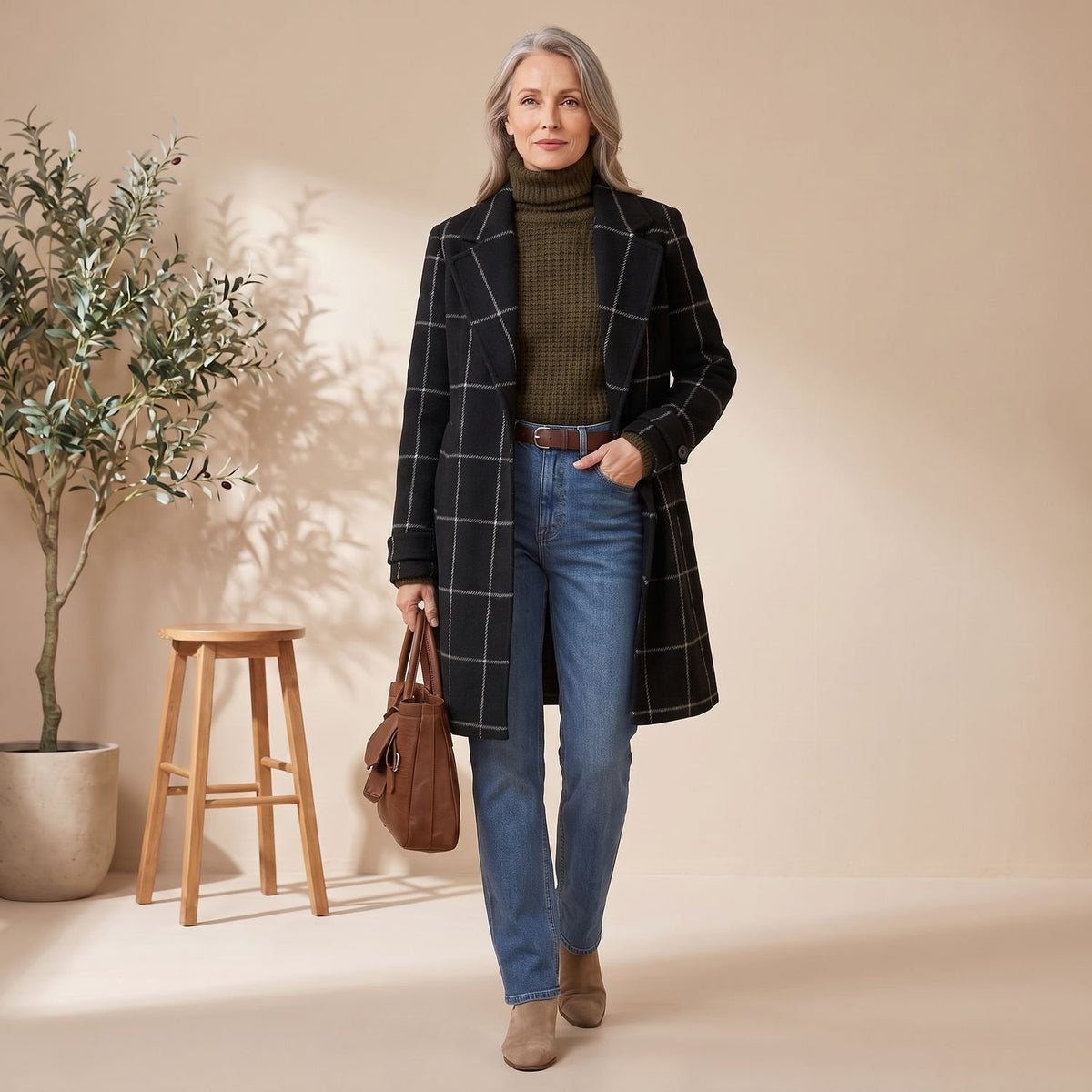 Women's Plaid Wool-Blend Tailored Lapel Check Coat