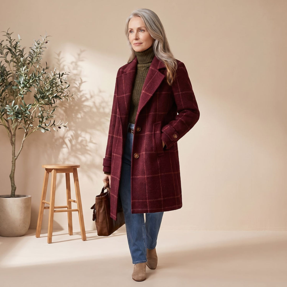 Women's Plaid Wool-Blend Tailored Lapel Check Coat - Burgundy