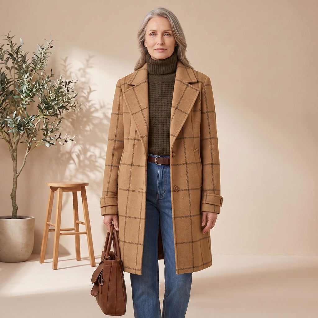 Women's Plaid Wool-Blend Tailored Lapel Check Coat - Camel