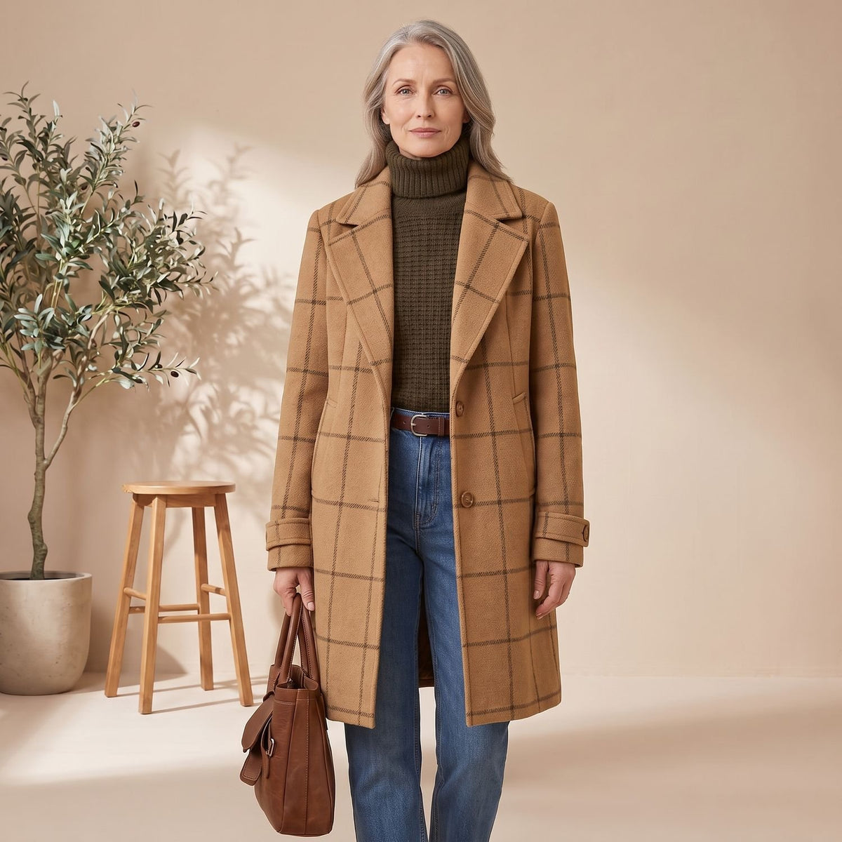 Women's Plaid Wool-Blend Tailored Lapel Check Coat - Camel