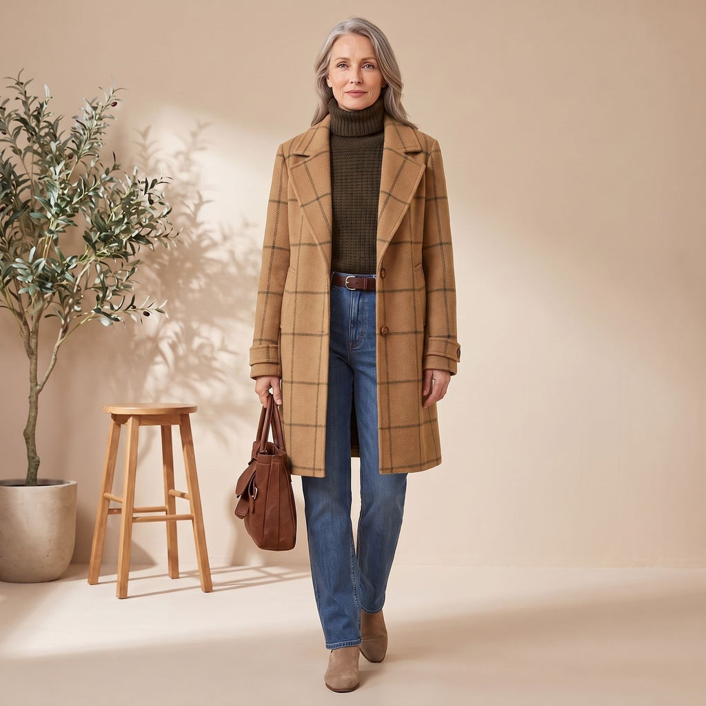 Women's Plaid Wool-Blend Tailored Lapel Check Coat