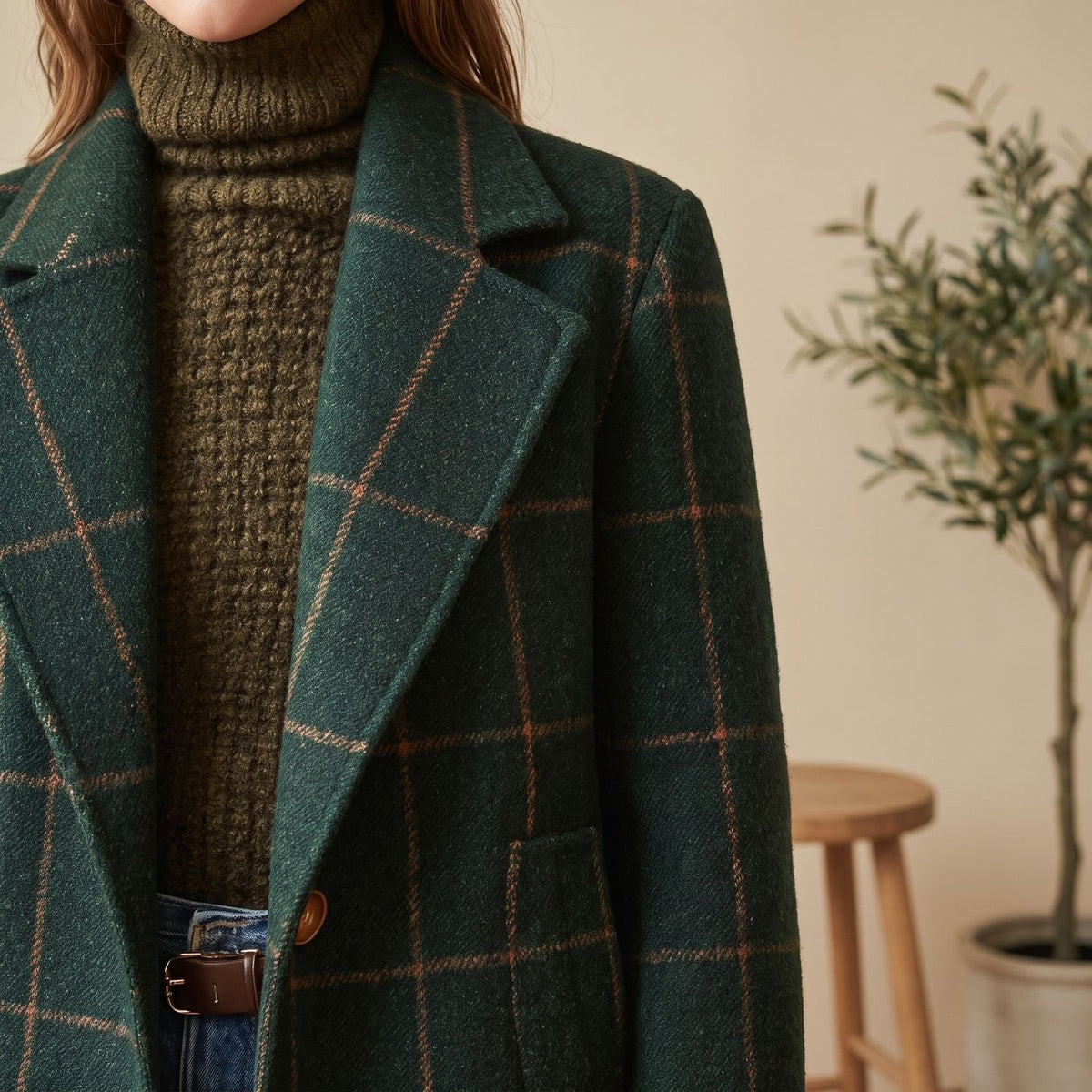 Women's Plaid Wool-Blend Tailored Lapel Check Coat