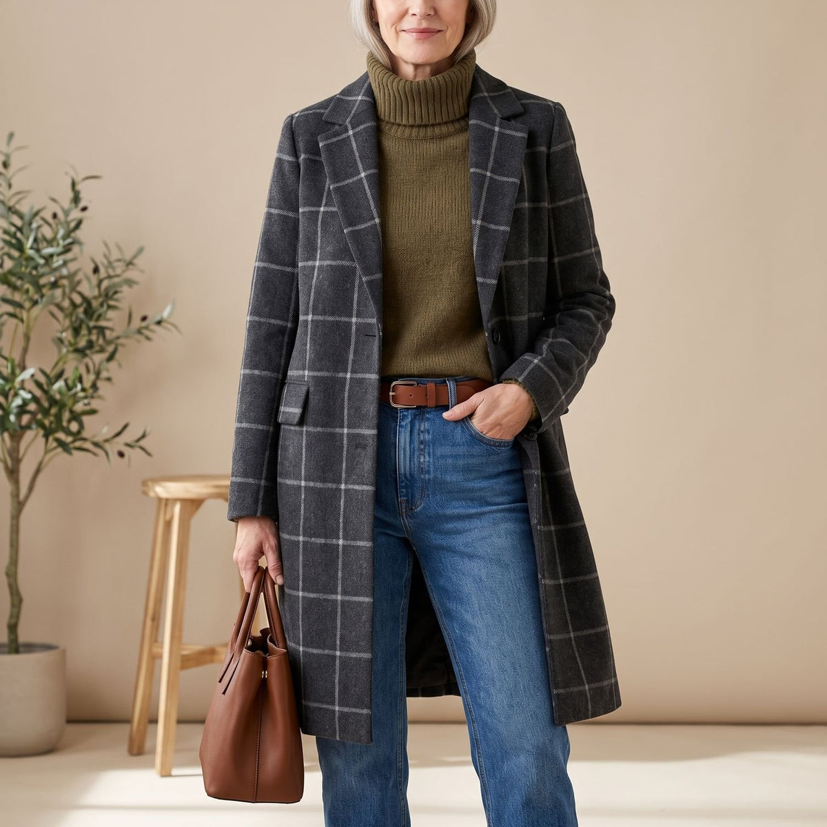 Women's Plaid Wool-Blend Tailored Lapel Check Coat - Grey