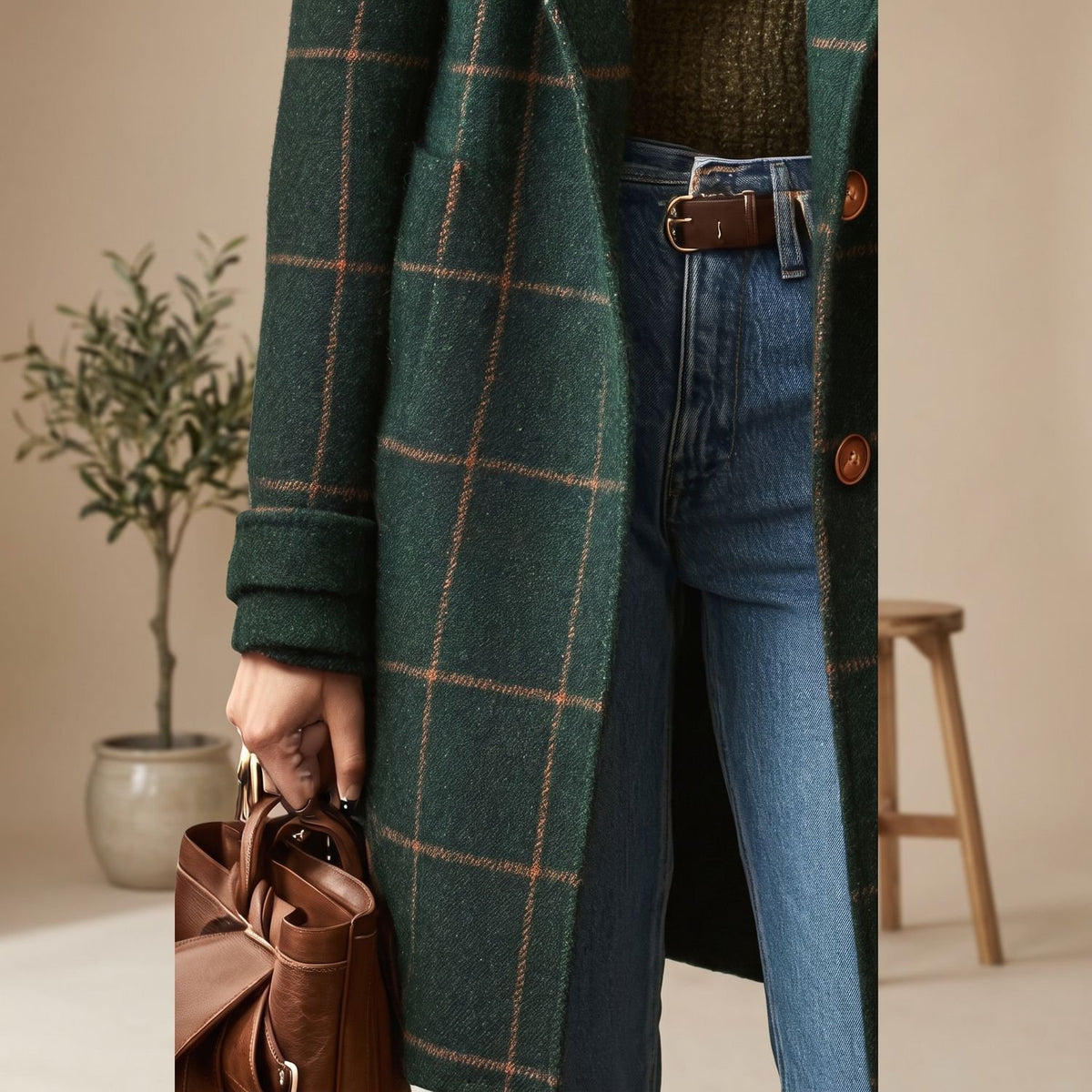 Women's Plaid Wool-Blend Tailored Lapel Check Coat