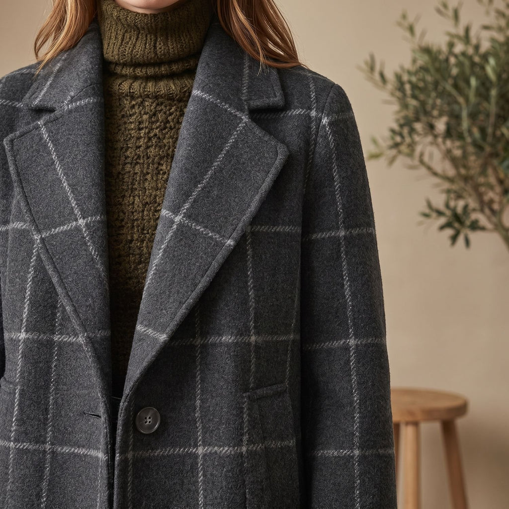 Women's Plaid Wool-Blend Tailored Lapel Check Coat