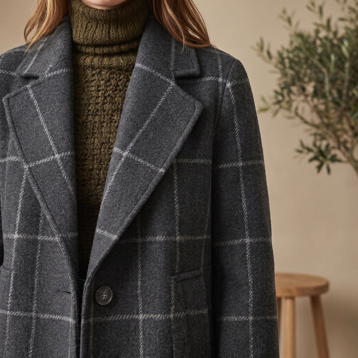 Women's Plaid Wool-Blend Tailored Lapel Check Coat