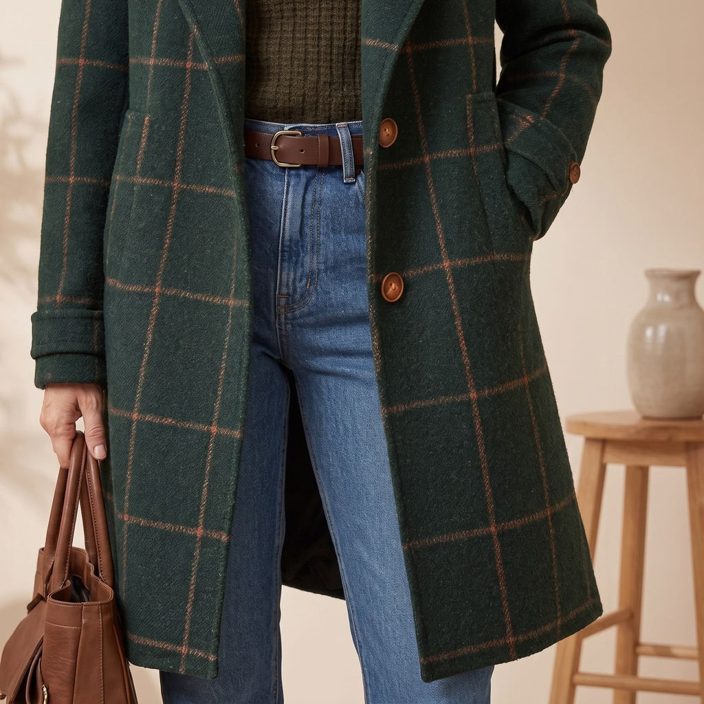 Women's Plaid Wool-Blend Tailored Lapel Check Coat