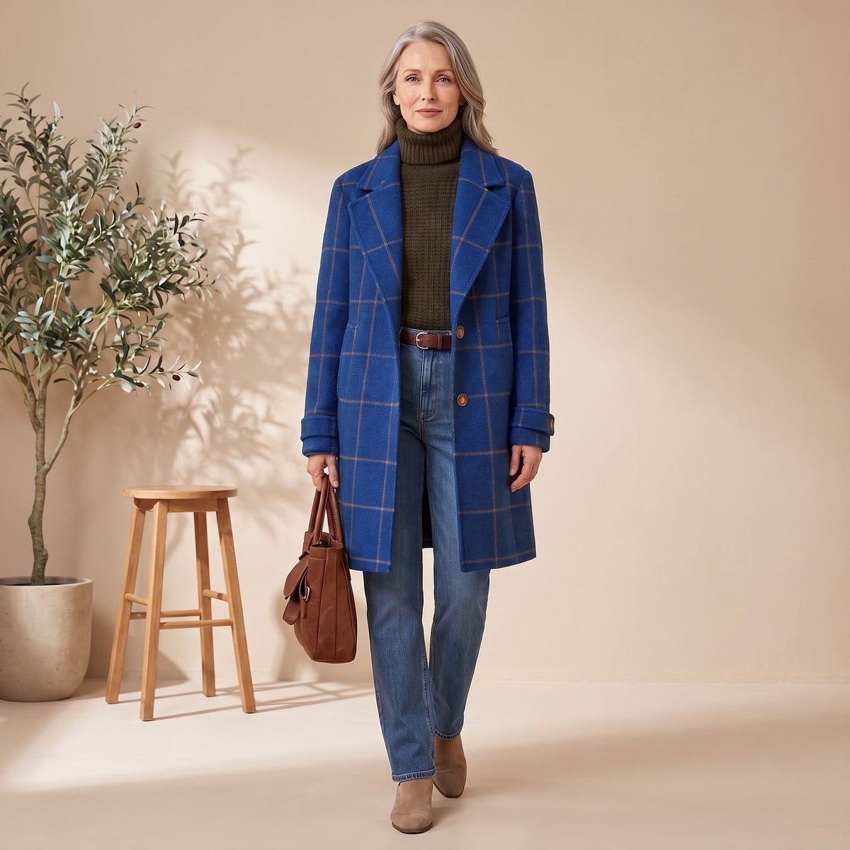 Women's Plaid Wool-Blend Tailored Lapel Check Coat