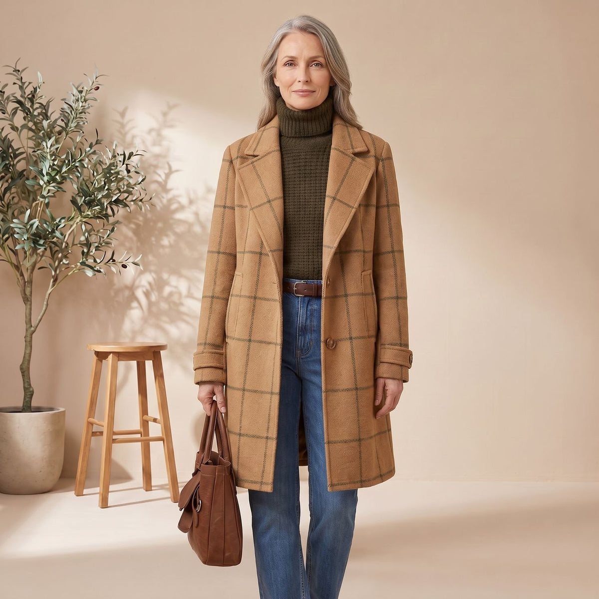 Women's Plaid Wool-Blend Tailored Lapel Check Coat