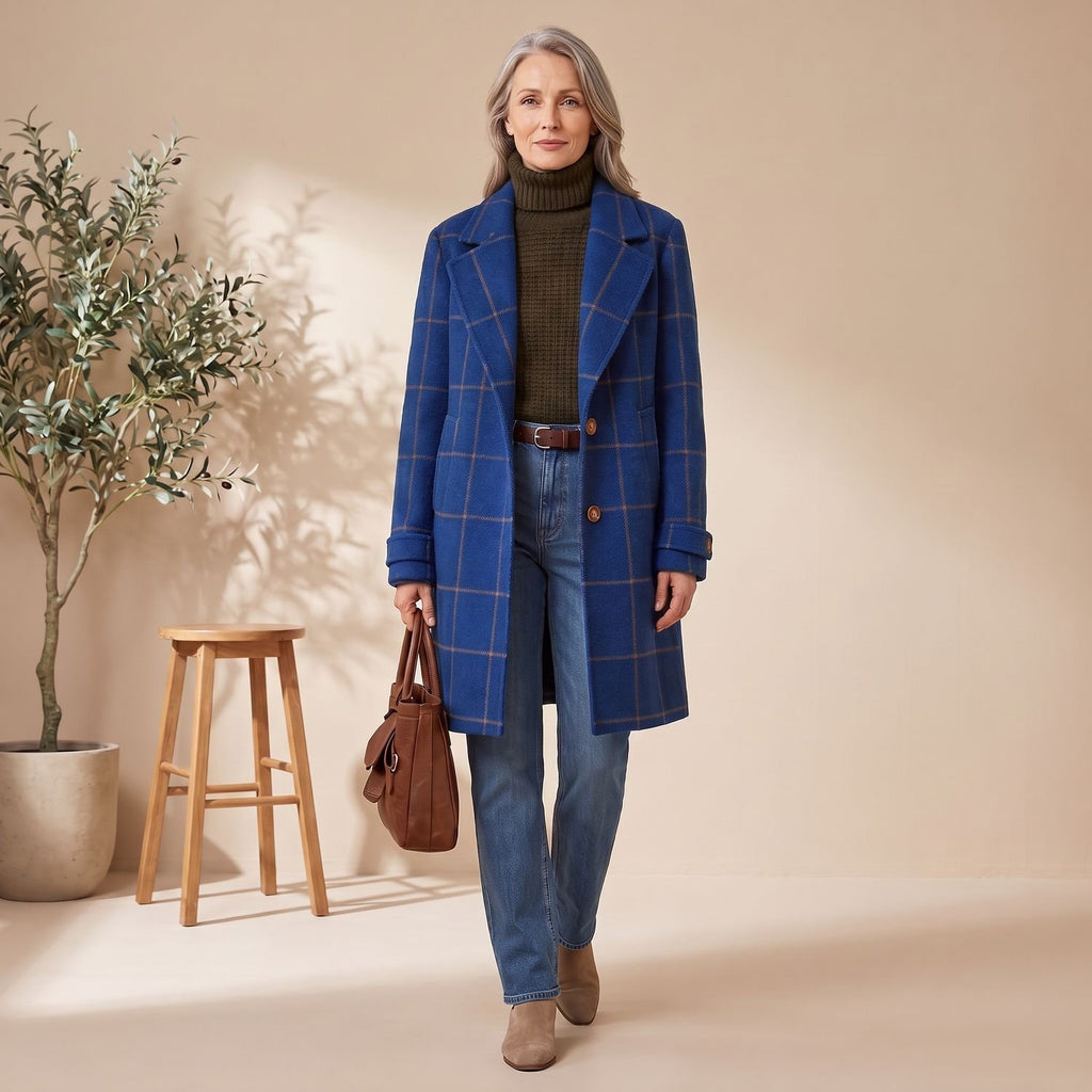 Women's Plaid Wool-Blend Tailored Lapel Check Coat