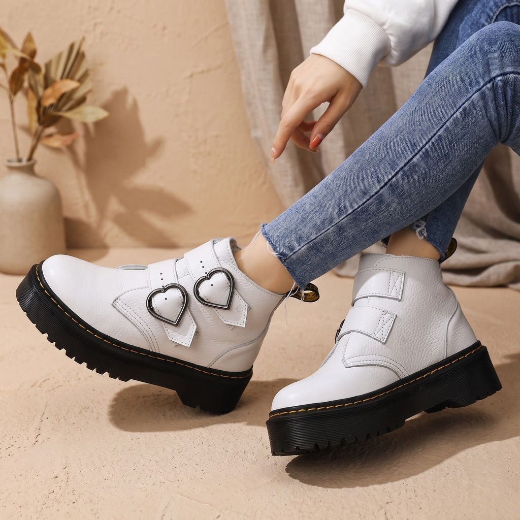 Women's Platform Ankle Boots Double Heart Buckle Chunky Sole - White