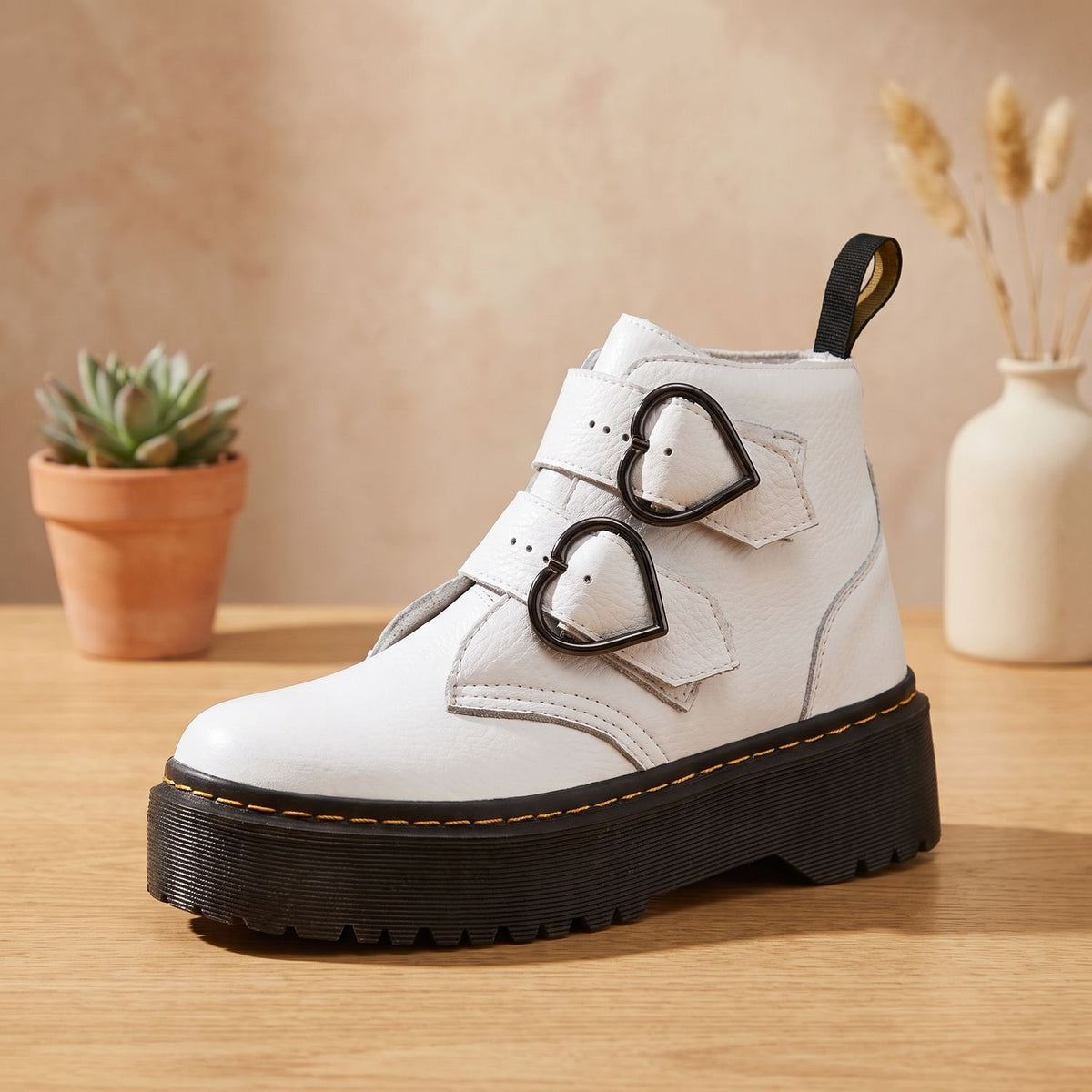 Women's Platform Ankle Boots Double Heart Buckle Chunky Sole