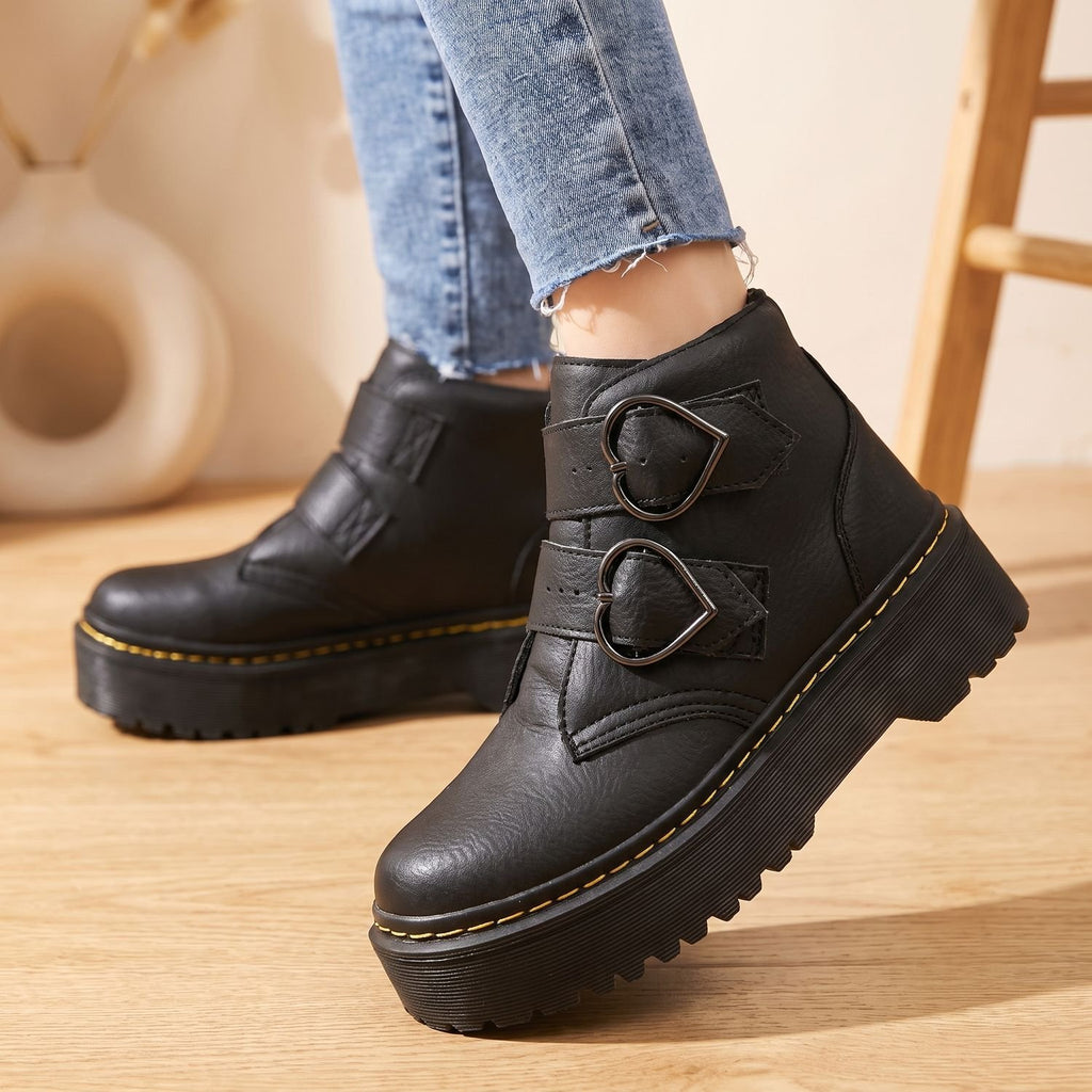 Women's Platform Ankle Boots Double Heart Buckle Chunky Sole