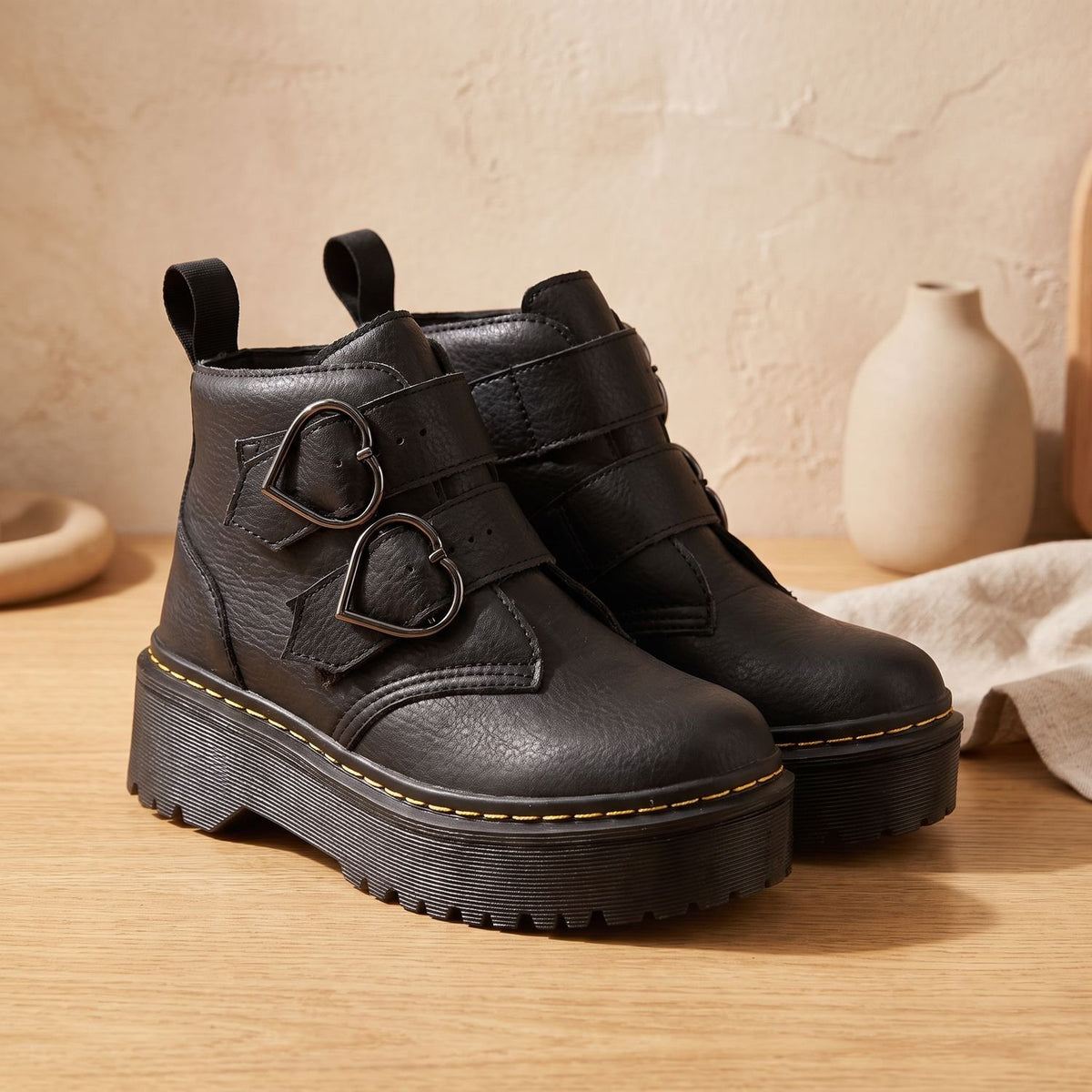 Women's Platform Ankle Boots Double Heart Buckle Chunky Sole - Black