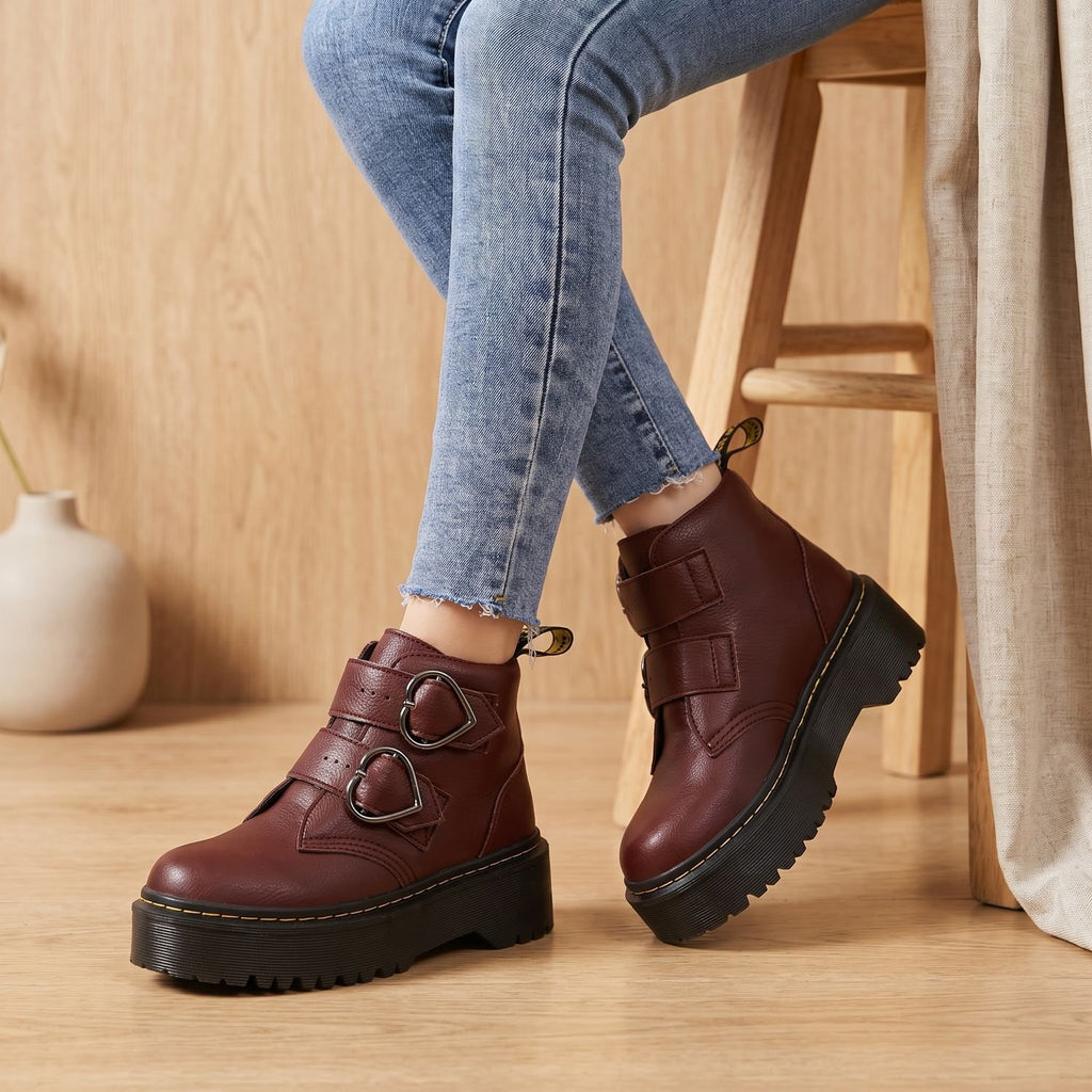 Women's Platform Ankle Boots Double Heart Buckle Chunky Sole