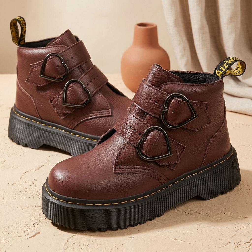 Women's Platform Ankle Boots Double Heart Buckle Chunky Sole - Red