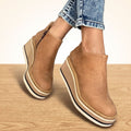 Women's Platform Wedge Ankle Boots Side-Zip Round Toe - Beige