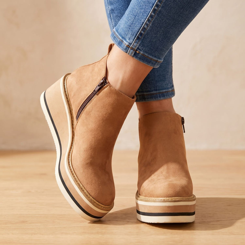 Women's Platform Wedge Ankle Boots Side-Zip Round Toe