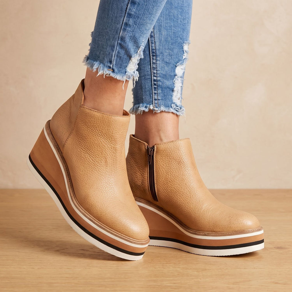 Women's Platform Wedge Ankle Boots Side-Zip Round Toe - Khaki