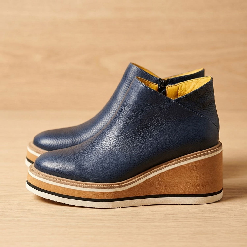 Women's Platform Wedge Ankle Boots Side-Zip Round Toe - Dark Blue