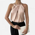 Women's Pleated-Front Draped Halter Satin Tank Top - Beige