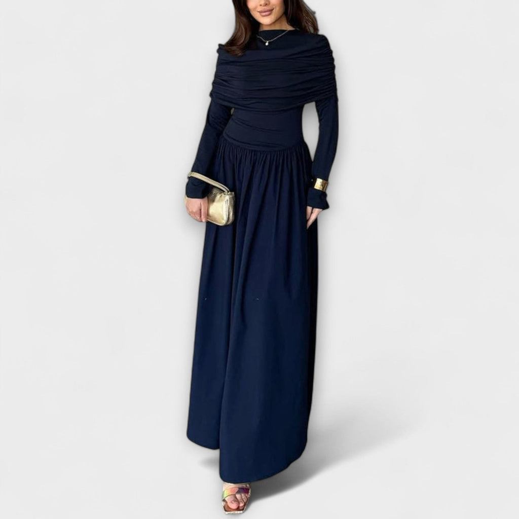 Women's Pleated High-Waist Flared Sleeve Maxi Dress - Navy Blue