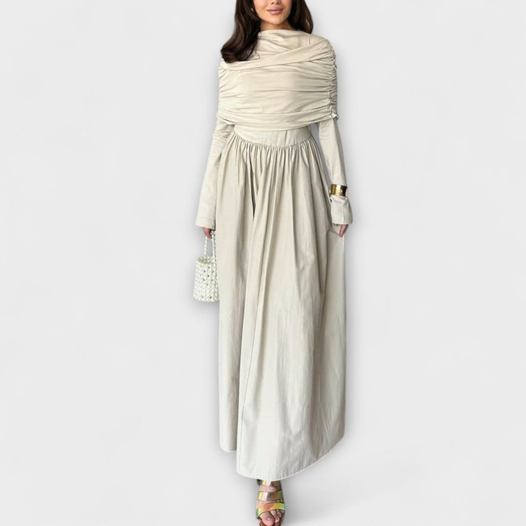Women's Pleated High-Waist Flared Sleeve Maxi Dress - White