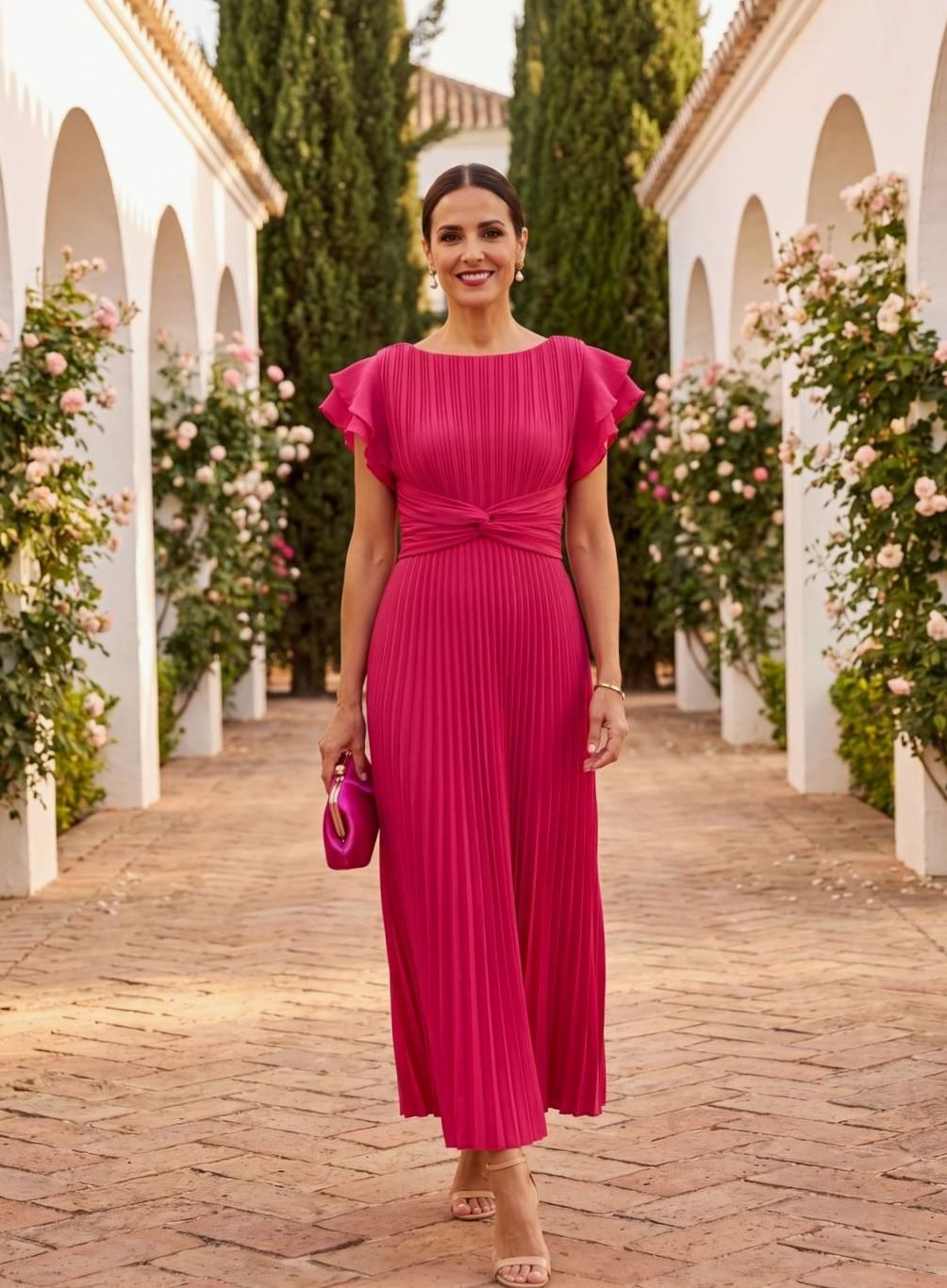 Women's Pleated Ruffle-Sleeve Formal Wedding Guest Midi Dress - Pink