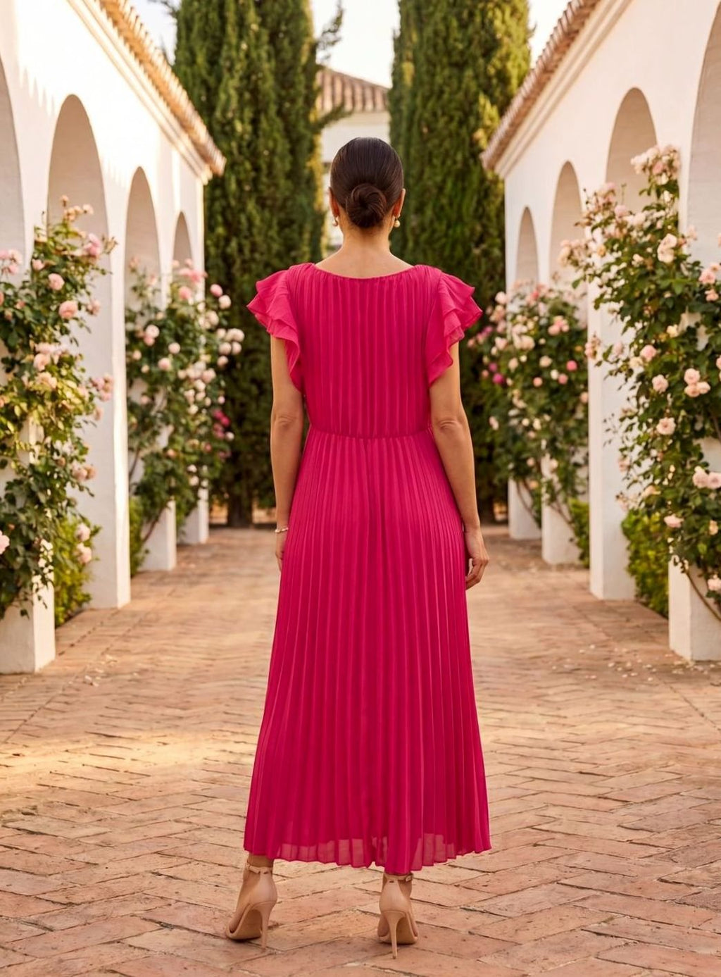 Women's Pleated Ruffle-Sleeve Formal Wedding Guest Midi Dress