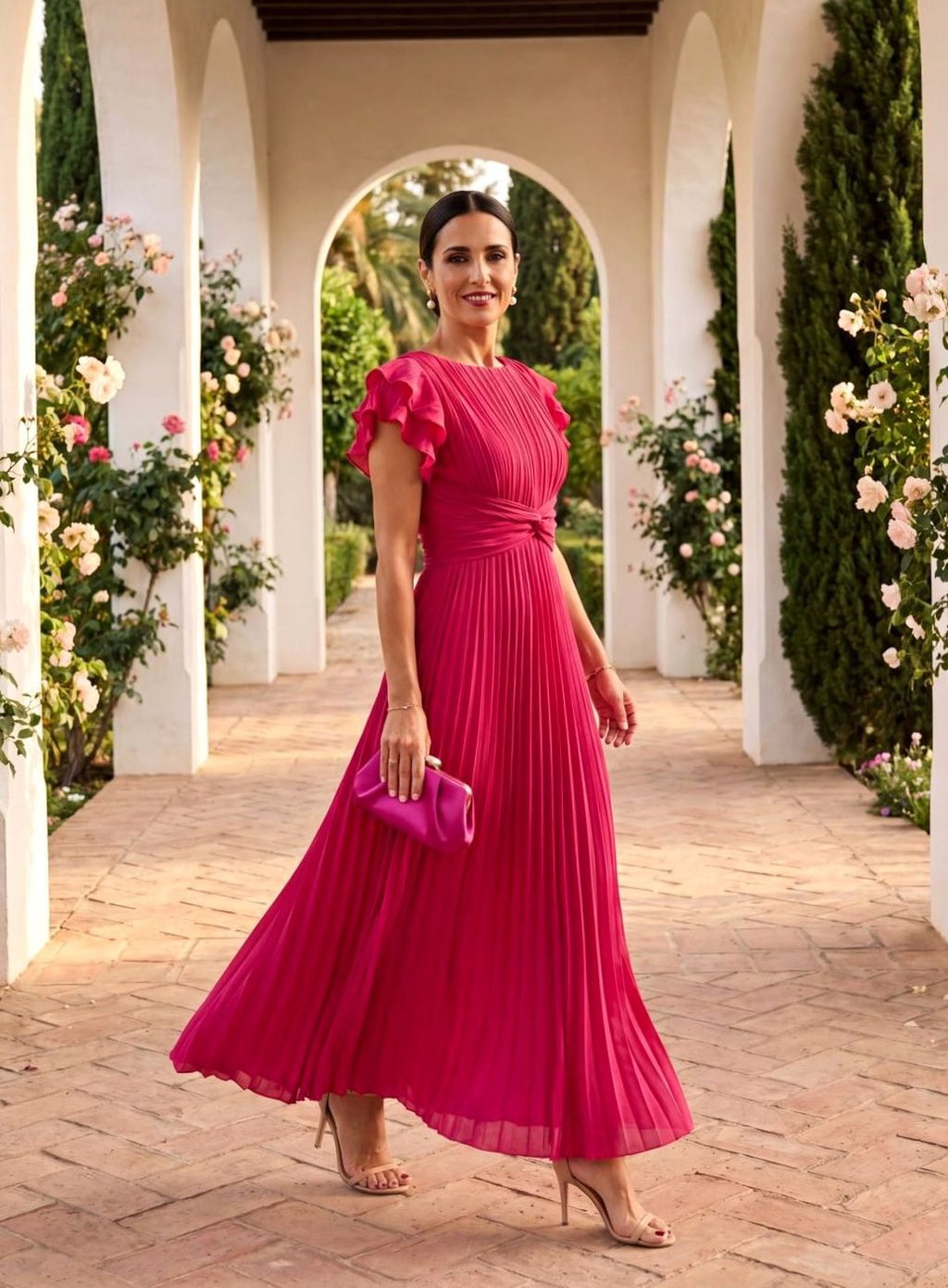 Women's Pleated Ruffle-Sleeve Formal Wedding Guest Midi Dress