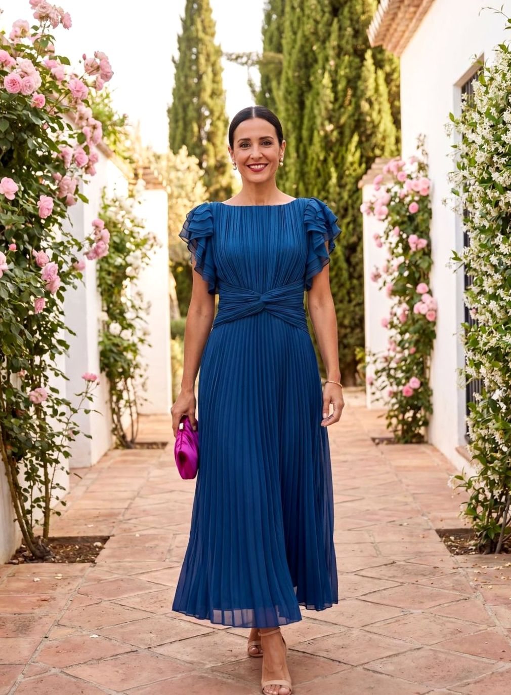 Women's Pleated Ruffle-Sleeve Formal Wedding Guest Midi Dress - Blue
