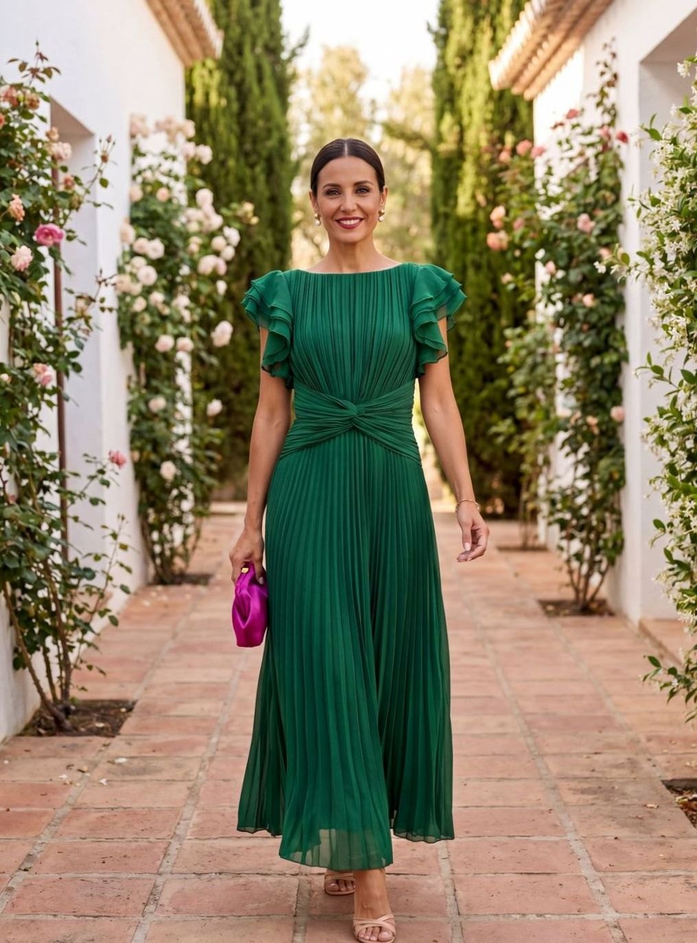 Women's Pleated Ruffle-Sleeve Formal Wedding Guest Midi Dress - Green