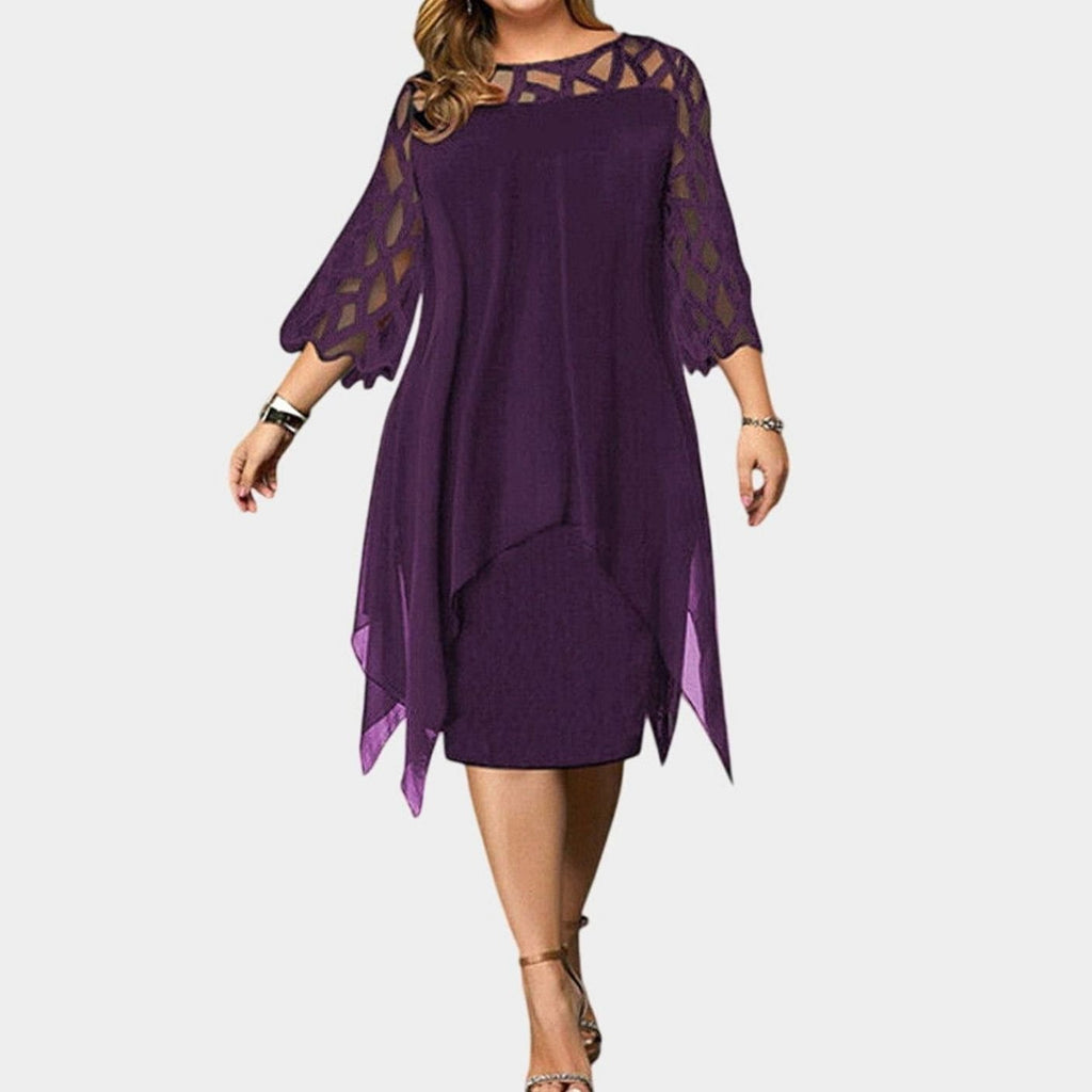 Women's Plus Size Chic Lace-Overlay 3/4 Sleeve Midi Dress - Purple