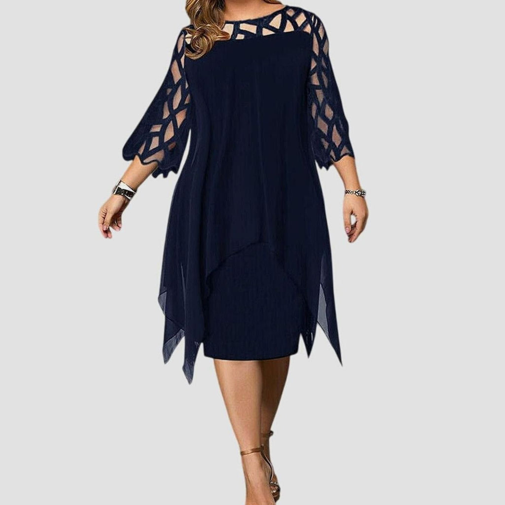 Women's Plus Size Chic Lace-Overlay 3/4 Sleeve Midi Dress - Deep Blue