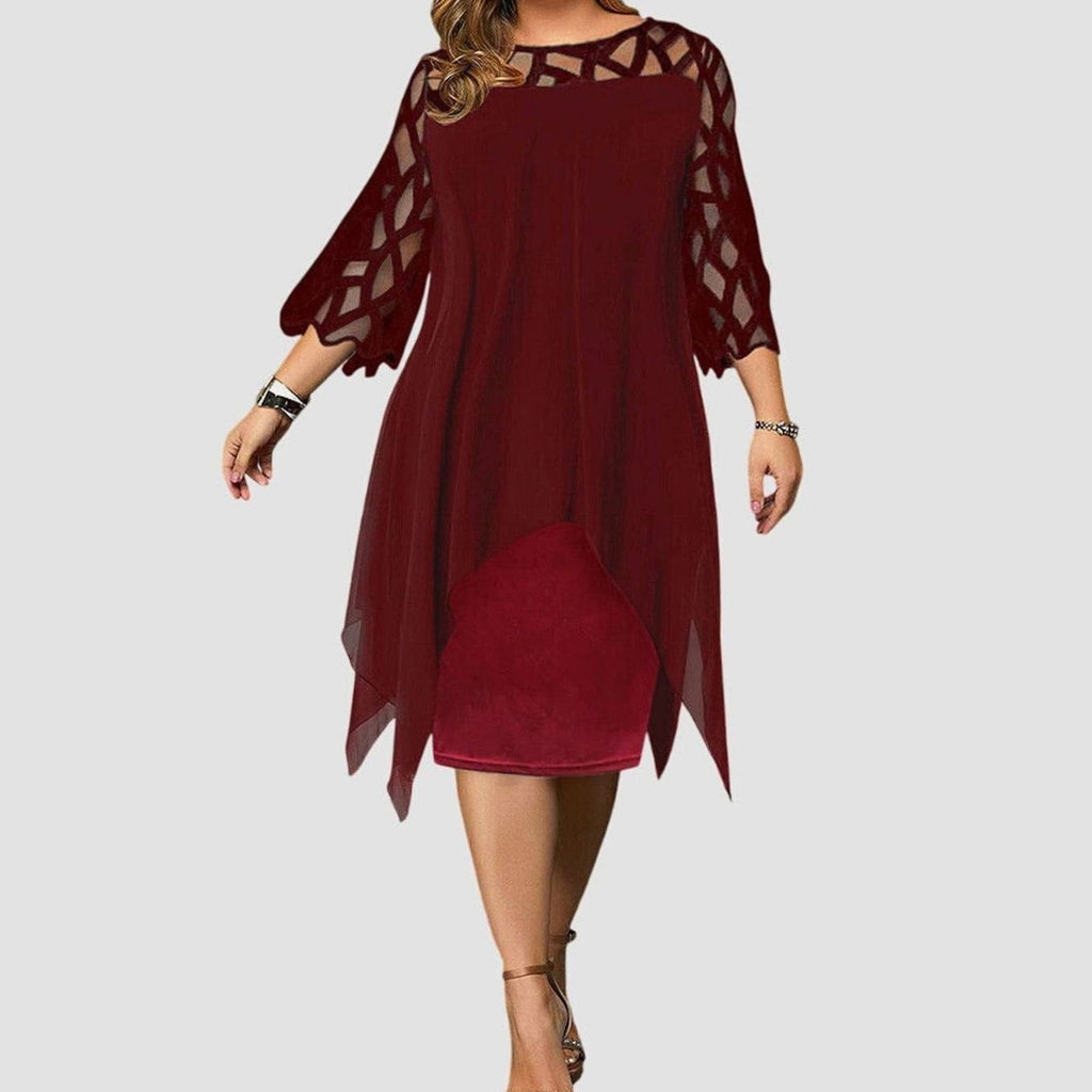 Women's Plus Size Chic Lace-Overlay 3/4 Sleeve Midi Dress - Red Wine