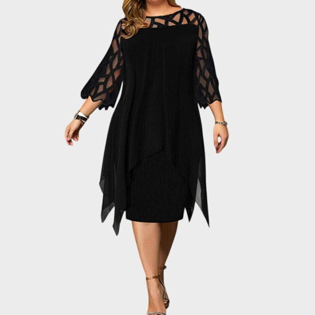 Women's Plus Size Chic Lace-Overlay 3/4 Sleeve Midi Dress - Black