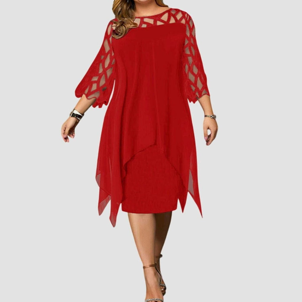 Women's Plus Size Chic Lace-Overlay 3/4 Sleeve Midi Dress - Red