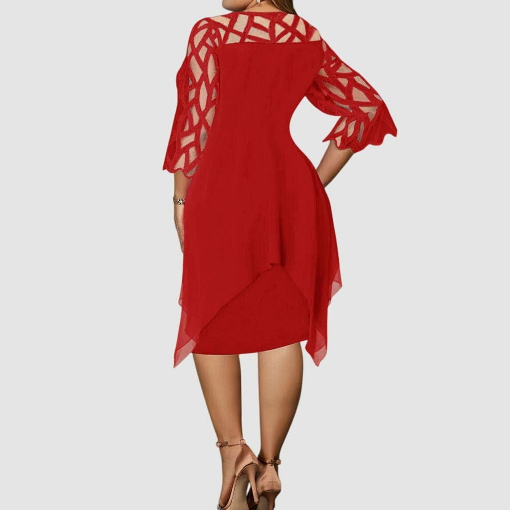 Women's Plus Size Chic Lace-Overlay 3/4 Sleeve Midi Dress
