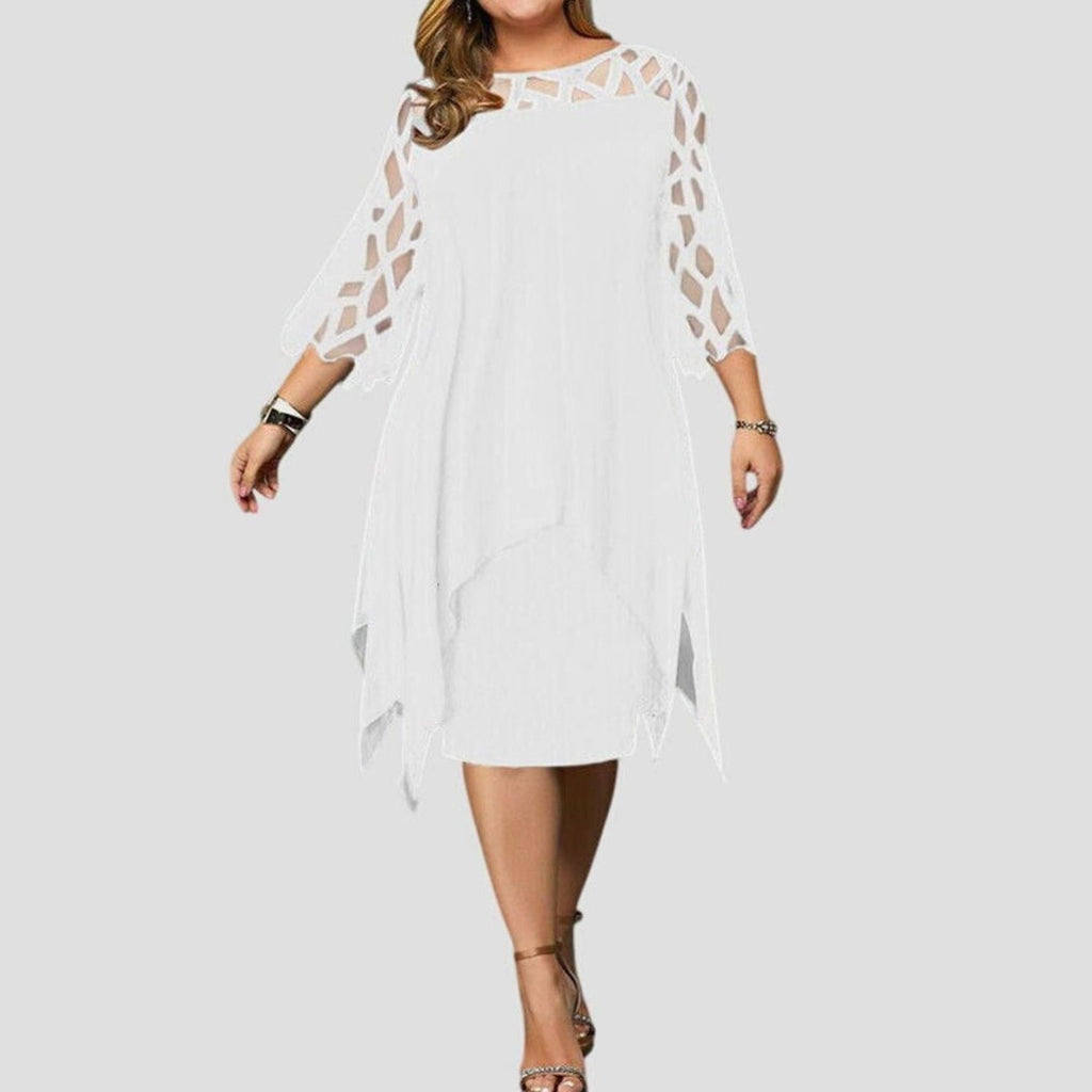 Women's Plus Size Chic Lace-Overlay 3/4 Sleeve Midi Dress - White