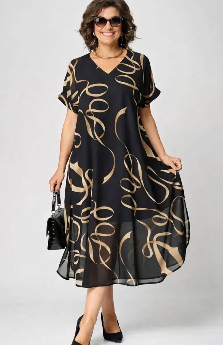 Women's Plus Size V-Neck Short Sleeve Printed Midi Dress