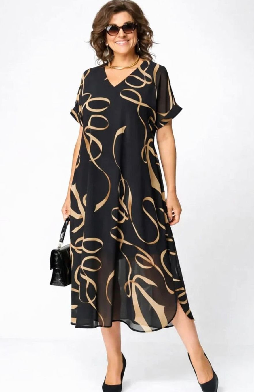 Women's Plus Size V-Neck Short Sleeve Printed Midi Dress