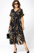 Women's Plus Size V-Neck Short Sleeve Printed Midi Dress