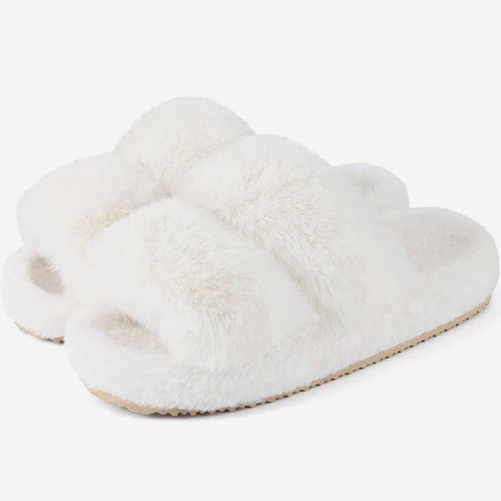 Women's Plush Faux Fur Slip-On Slide Slippers Non-Slip Sole - White